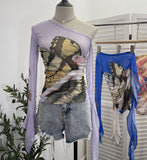 Design-Sensitive One-Shoulder Horn Long-Sleeved Mesh Yarn-Print T-Shirt With Short Tight Top
