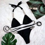 Fongt New Bikini Bandage Cross Bikini Solid Color Metal Diamond Swimsuit Sexy Female