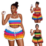 Fongt Striped Knitted Neck Top + Lotus Side Shorts Set Sexy Umbilked Fashion Two-Piece Set