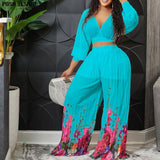 African Sexy Beach Pleated Suit Two Piece Sets Womens Outfits Summer Clothes Bat Sleeve Crop Top Wide Leg Trousers