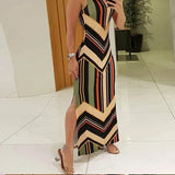 New Wish Striped Print Slim Sexy Forked Dress Sleeveless Dress Woman-Outfit