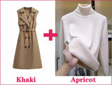 Trench Vests Coats 2 Piece Sets Women Casual Double Breasted Gabardina Sleeveless Jackets Turtleneck Winter Thicken