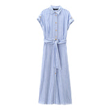 New Striped Blended Medium-Length Shirt Dress 8282821-Outfit