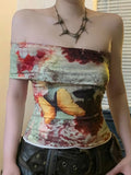 Fongt Cloth Forgets Ancient Butterfly Tie-Dye Print Shoulder Asymmetric Tsets Hottie Wind Tight Short T-Shirt