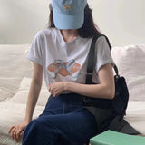 Fongt East Gate Spring Minority Age Reduction Round Collar Tie Bow Print Loose Versatile Short-Sleeved T-Shirt Top-Outfit
