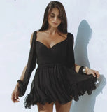 Fongt Women's New Solid Color Temperament Casual Mesh Long Sleeve Strap Bare Back Repair Short Dress