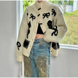 Bow Printed Knitted Cardigan-Outfit