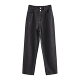 High Waist Straight Leg Cropped Pants Cotton Denim Casual Jeans Office Lady Button Decoration Long Trousers