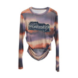 Real Shooting New Long-Sleeved Mesh Spliced Embroidered Denim Bottom T-Shirt Sun Folding Short Top