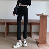 Fongt Pants Female 2024 New Fall 9 Points High-Waisted Pants Fall Small Black Elastic Straight Leg Jeans-Outfit