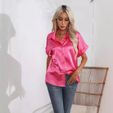 Satin Shirt Short-Sleeved Satin Button Shirt Casual Blouse Women's Stock-Outfit