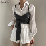 Women Fashion OL Two Piece Set Shirt 2022 Spring Belted Lace Up Blouse Casual Solid Puff Sleeve Lapel