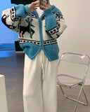Deer Jacquard Hooded Knitting Zipper Cardigan-Outfit
