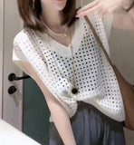 Summer New Thin Hollowed-Out V-Collar Knitted Blouse Vest Blouse-Outfit