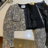 Heavy Sequins Starlight Silver Jackets Spring Long Sleeve Coat Women Y2k Grunge O-neck Single Breasted Tops Mujer-Outfit