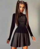 Fongt New Women's Hot Girl Wind Pure Color Round Collar Back Hollow A Word Skirt Long Sleeve
