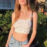 Printed Kintted Spaghetti Strap Top Women White Cute Casual Sleeveless Camis Tops Tees Patchwork Lace Crop