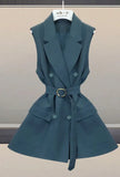Size Office Ladies Elegant Dress Suits 2022 Spring Long Sleeve Pleated Dresses And Double Breasted Vest Two Piece Set