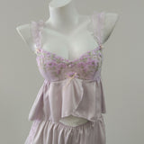 Fongt French Court Wind Ice Sling Pajamas With Chest Cushions To See Small Sexy Thin Lace Home Set