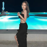 Sling Flower Bra Sexy Forked Thin Flash Half Skirt Spicy Seaside Bikini Suit-Outfit
