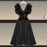 Casual Loose Dress For Women V Neck Sleeveless High Waist Ruffle Trim Solid Midi Dresses Female Clothing Style