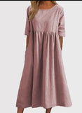 Fongt Cotton-Sleeved Short-Sleeved Pocket Folded Loose Round-Neck Dress In Summer