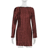 Long Sleeve Pleated Textured Mini Dress-Outfit