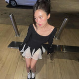 Black Long Sleeve White Frill Patchwork Bow Mini Dress-Outfit