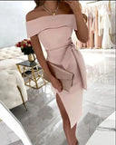 Off-neck Solid Mid Waist Color Lace-up Regular