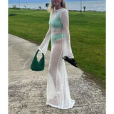 Mesh See Through Long Sleeve Women Dress 2023 Summer Casual Sexy White Maxi Beach Dresses O Neck Solid Loose Outfits-Outfit