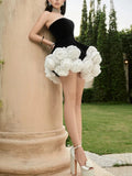 Black Strapless 3d Floral A-Line Mini Dress-Outfit