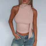 High Collar Tie Up Top-Outfit