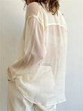 Chic Mesh See Through Loose Shirts Women Long Sleeve Lapel Button-Down Tops Spring Autumn Solid Casual Blouses Tops-Outfit