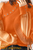 Fashion Autumn Winter O-Neck Knitted Splicing Chiffon Solid Color Pullovers for Women 2023 New Pleated Ruffles Rivet