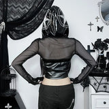 Summer New Personality Trend Blouse Women's Dark Wind Leather Printed Mesh Hoodie Blouse-Outfit