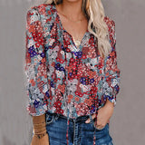 Fongt Women's Clothing 2025 Autumn And Winter New Broken Flower Printed Shirt V Collar Long-Sleeved T-Shirt Top Women