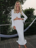 White Knit Crop Cardigan And Midi Skirt Set-Outfit