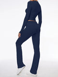 Long Sleeve Cropped Top Fold-over Flare Pants Set-Outfit
