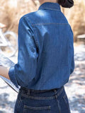 Fongt Dark Blue Soft Cowboy Shirt Women In Autumn And Winter Wearing Long-Sleeved Shirts Small Shoulders