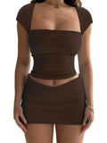 Women 2 Piece Outfits Short Sleeve Square Neck Slim Fit Solid T-shirts Tops High Waist Short Mini Pencil Skirts Sets-Outfit