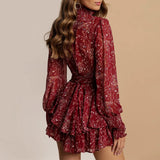 Fongt New Women's Wear Temperament Long Sleeve Broken Floral Flounces Short Autumn And Winter Dress