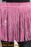 Women New Solid Tassel Sexy Two Piece Set Rhinestone V Neck Sleeveless Halter Backless Top Camis Hollow Out Party Mini