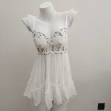 Fongt New Summer Pure Breast With Chest Pad Lace Embroidery Slings Sexy Mesh Homewear Set