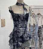 Real Shooting Retro Tie-Dye-Print Mesh Sling Sling Sling Vest Irregular Lotus Leaf Edge Ribbon Sleeveless Top