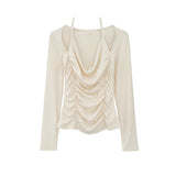 Chic Shoulder-Exposed Shoulder Collar Long-Sleeved T-Shirt Women's Early Autumn New Pleated Thin