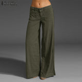 Fongt 2023 ZANZEA Vintage Elegant Wide Leg Pants Women's Summer Trousers Button Front Zip Turnip Causal Turnip Pantalon 7 1127-0-Outfit