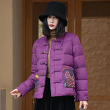 Chinese Wind Short Down Jacket Female Winter New Plate Buckle National Wind Printing Warm White Duck Down Warm Coat Large Size-Outfit
