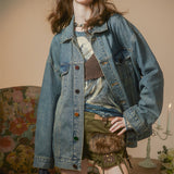 Fongt Sense Denim Jacket Female Spring And Autumn Outfit 2024 New Popular Logo Loose Niche Retro Do Old Jacket Bf Jacket-Outfit