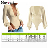 Black Deep V Neck Bodysuit Women Sexy Puff Sleeve Bodycon Jumpsuit Solid Elastic Casual Party Winter Bodysuits Body
