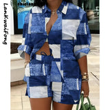 Spring Summer Fashion Printing Two Piece Set Women Casual Button Shirt Drawstring Short Sleeve Two Piece Set Women-Outfit